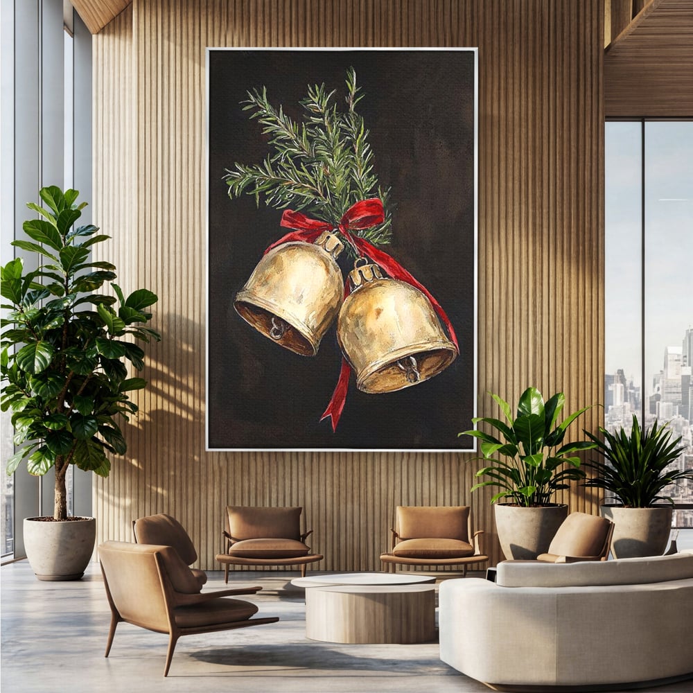 Tablou canvas cu tablou canvas cu clopotei de craciun, in rama de aluminiu argintiu, pe perete intr-un birou